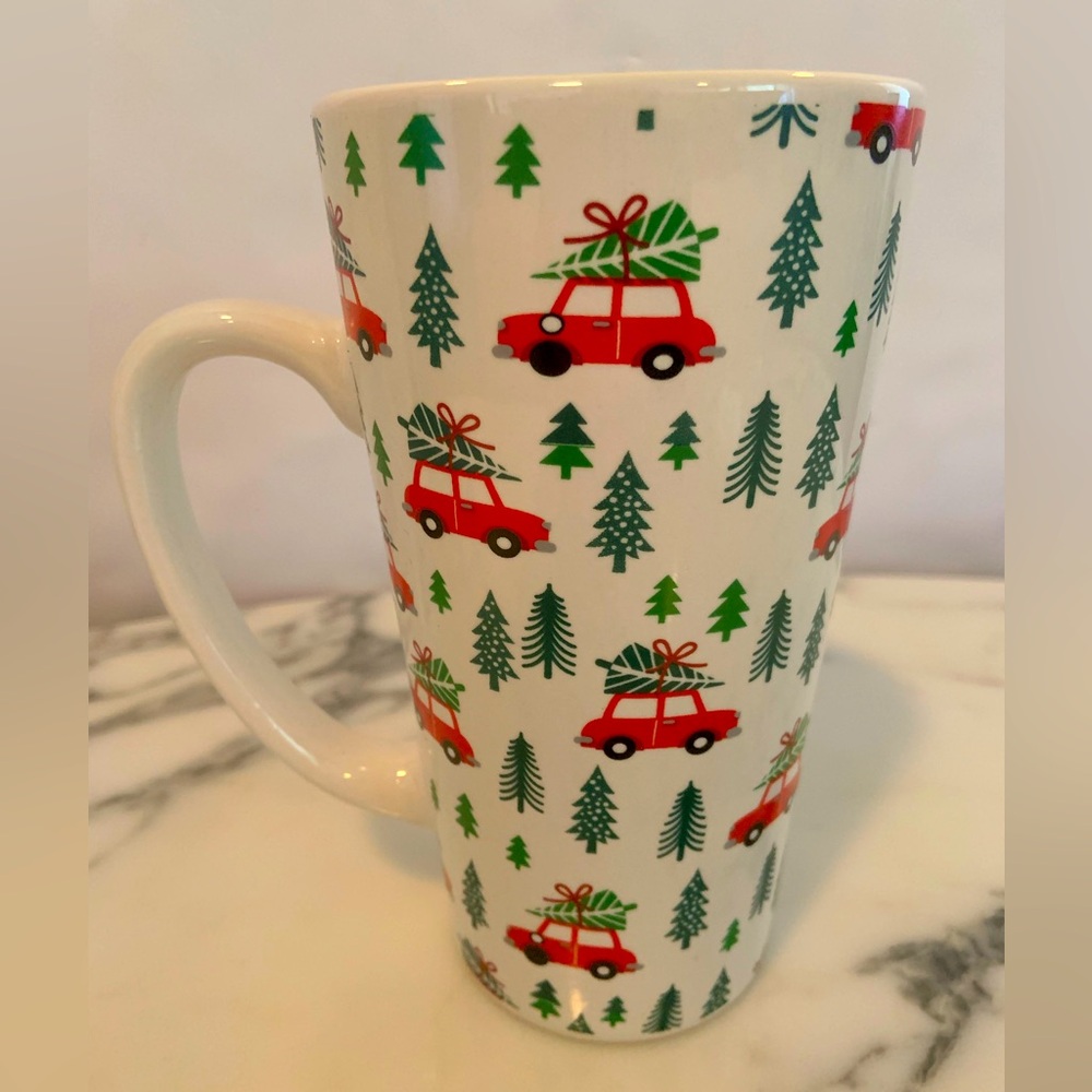 SCM Holiday Mug Tall Latte Coffee With Cars & Green Trees Stoneware